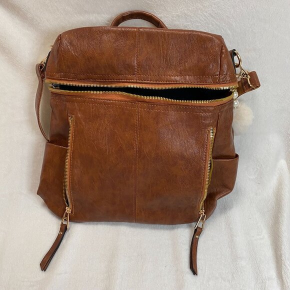 Brown Faux Leather Backpack With Gold Accents Multiple Zipper Pockets Adjustable - Picture 7 of 8